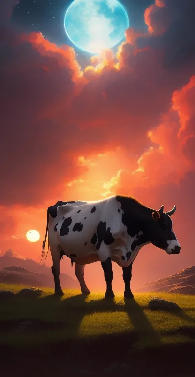 Cow stands against a vibrant red sunset with a glowing moon overhead.