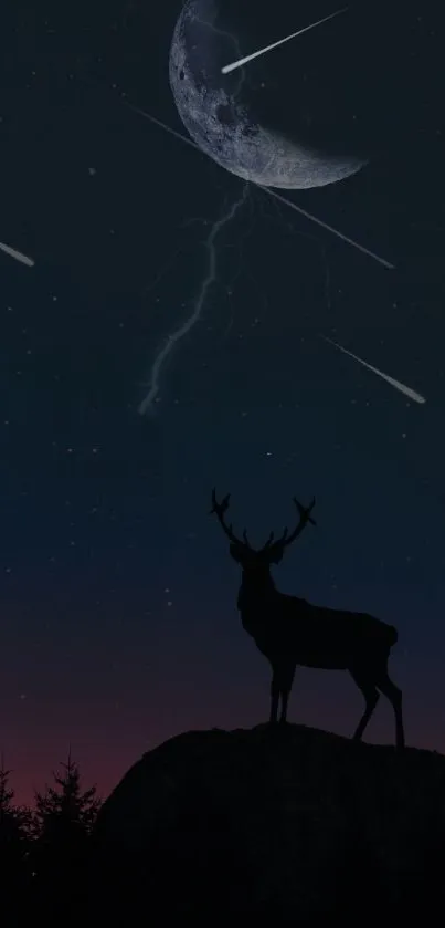 Night sky wallpaper with deer silhouette and shooting stars.