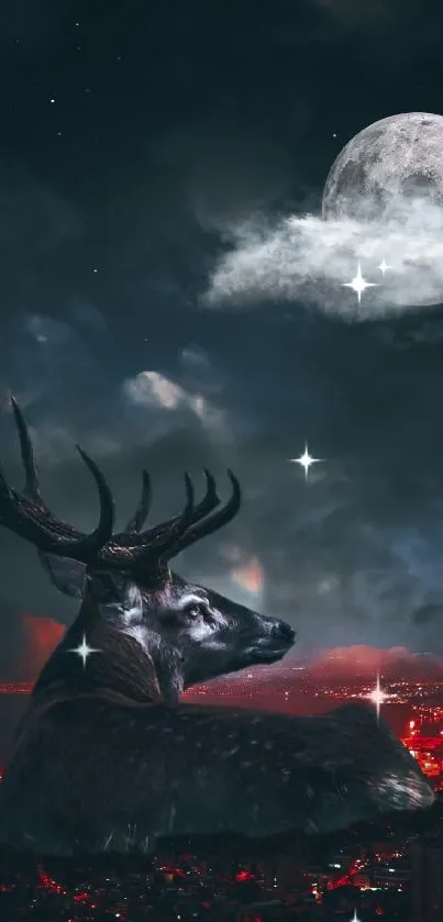 Majestic deer under moonlit sky in a cityscape wallpaper.