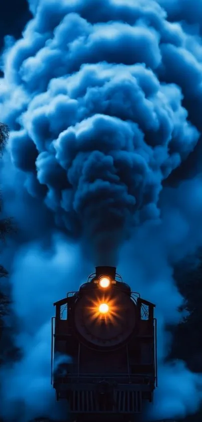 Blue steam train moves through mystical night clouds.