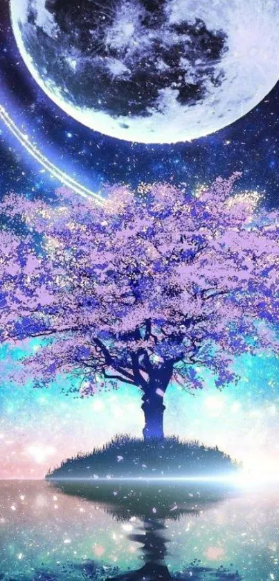 A mystical tree under a brilliant full moon with stars in the night sky.