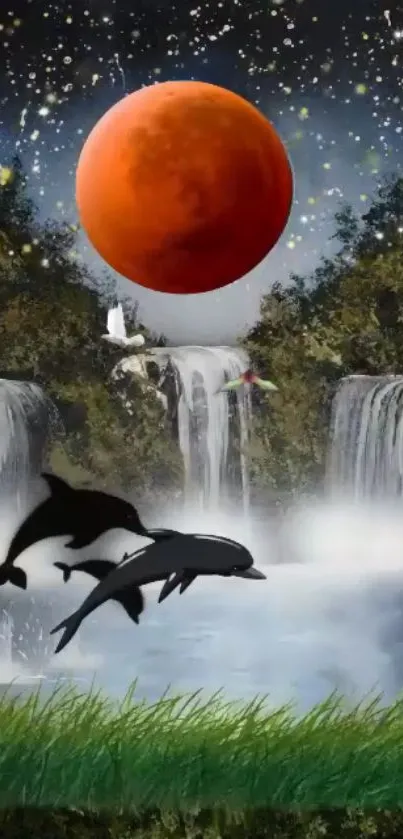 Dolphins swim under a red moon with waterfalls and starry night sky.