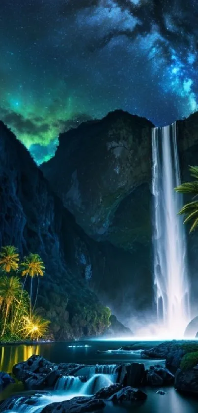 Majestic waterfall with starry night sky and palm trees.