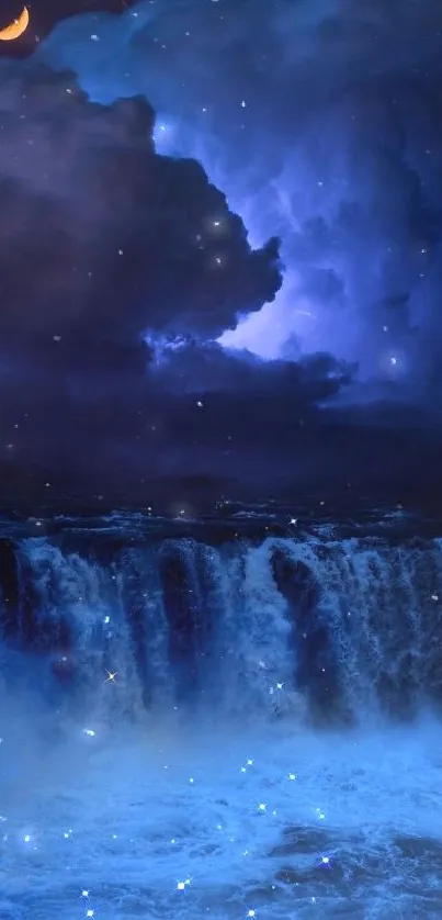 Majestic waterfall and night sky wallpaper with deep blue tones.