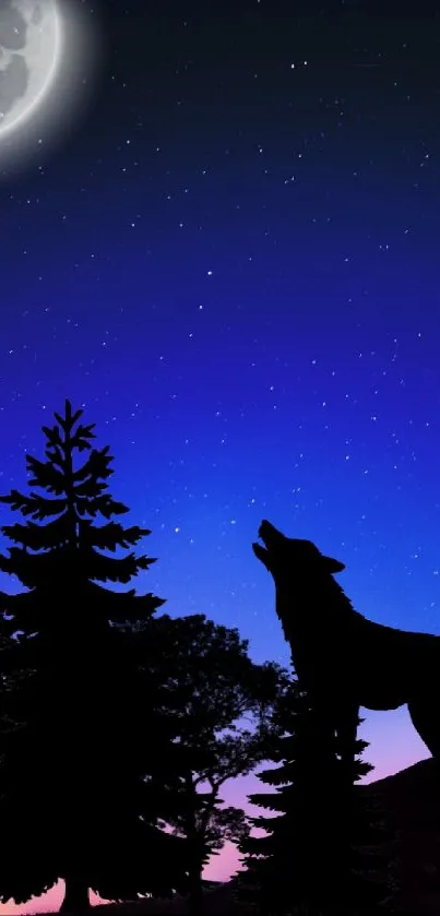 Silhouette of a wolf howling at the moon in a starry night sky.