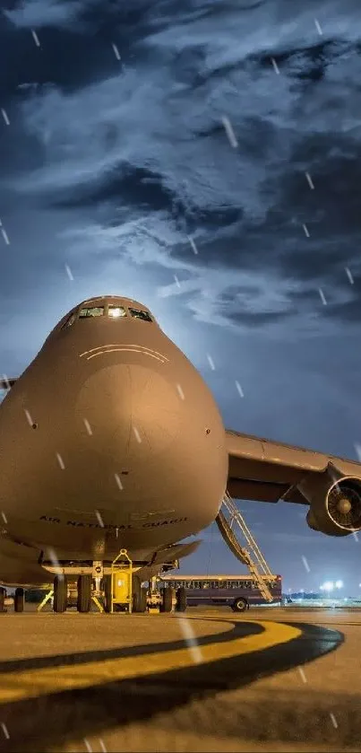 Majestic nighttime aircraft on the tarmac with dramatic sky.