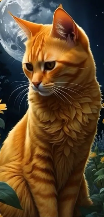 Orange cat at night with moon and flowers.