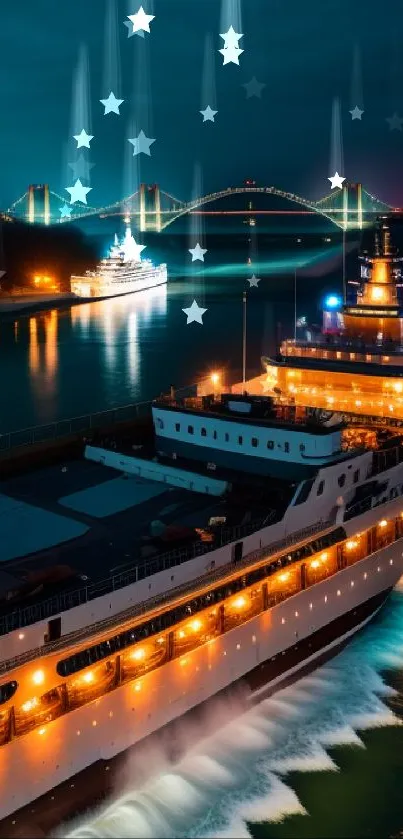 Nighttime cruise with illuminated ships and distant bridge over calm waters.