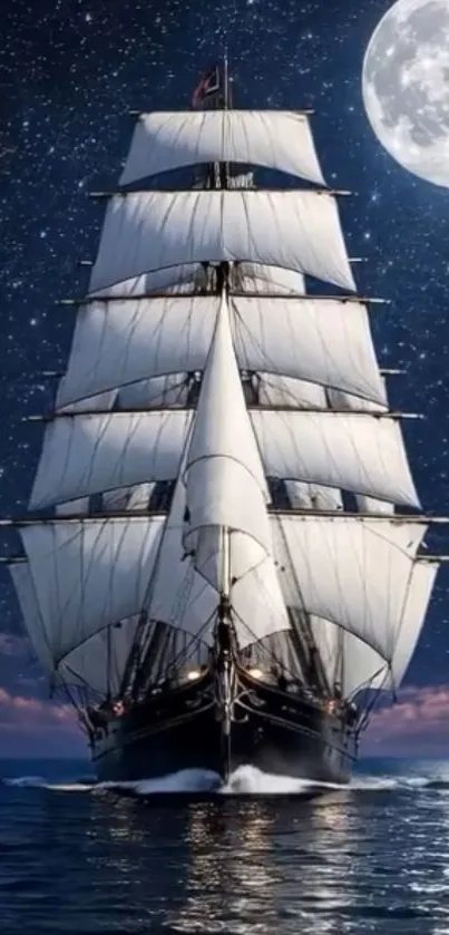 Tall ship sailing under a starry sky with a full moon.