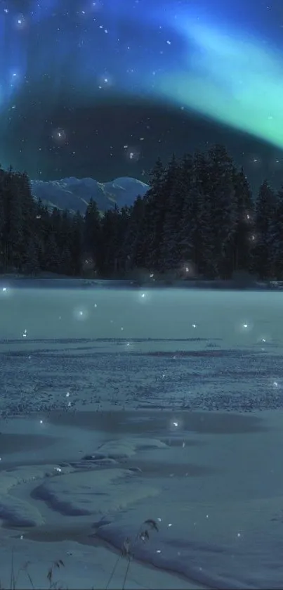 Moonlit landscape with Northern Lights over a serene winter setting.