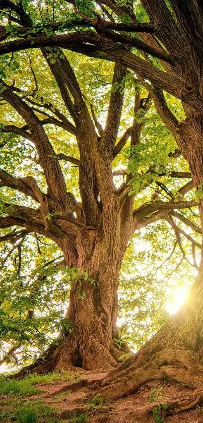 Majestic oak tree with sunlight and lush green leaves wallpaper.