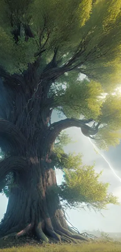 A majestic oak tree with lush green foliage set against a bright, clear sky.