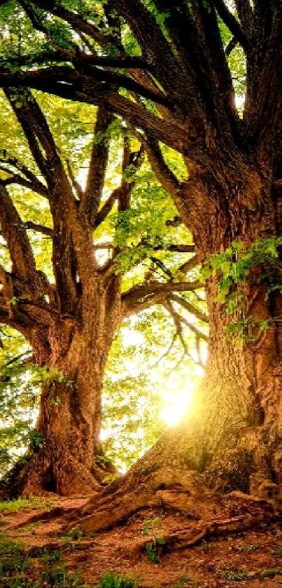 Majestic oak trees with sunlight filtering through leaves.