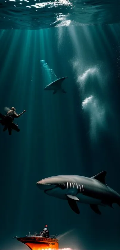 Shark and skydiver above a lit boat underwater.