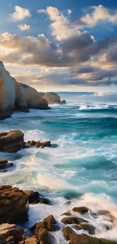 Rugged coastal cliffs with blue ocean and cloudy sky.