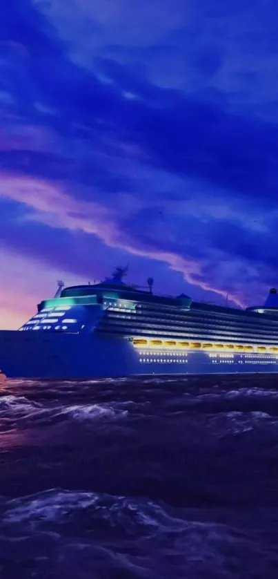 Luxury cruise ship sailing into sunset with vibrant azure sky.