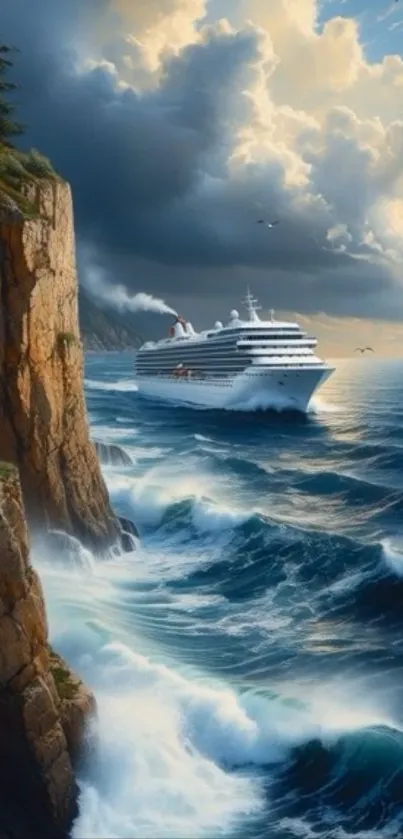 Cruise ship near cliffs, ocean waves crashing.