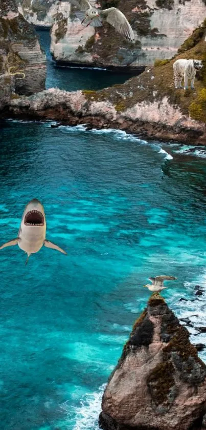 Surreal ocean scene with turquoise waters, cliffs, and wildlife.