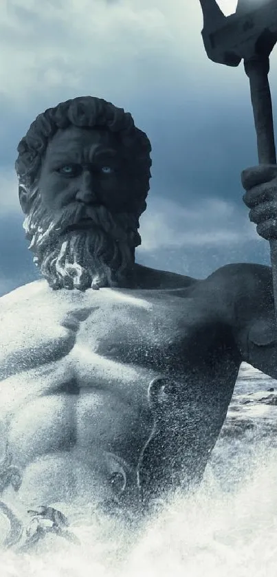 Majestic ocean god statue with trident against stormy waves.