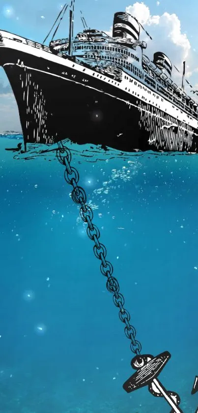 Artistic ocean liner with an anchor chain in serene blue waters.