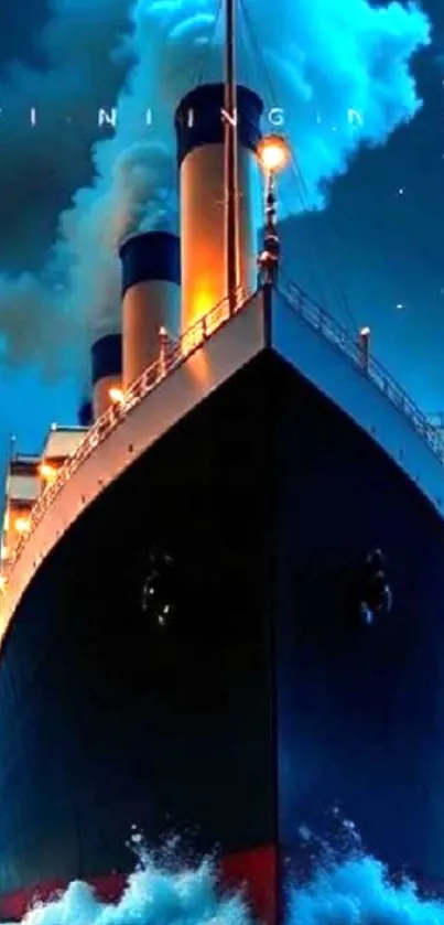Majestic ocean liner sailing under a starry night sky with vibrant blue hues.
