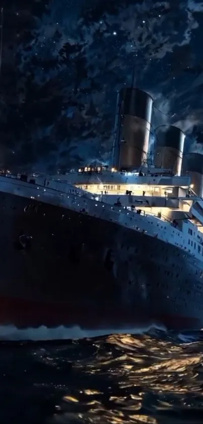 Majestic ocean liner sailing at night under a starry sky.