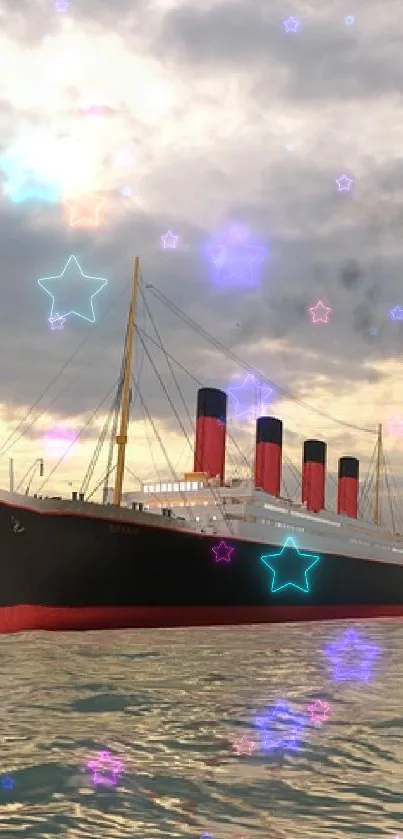 Ocean liner sailing under a dramatic sky on calm waters, with a stunning cloudscape.