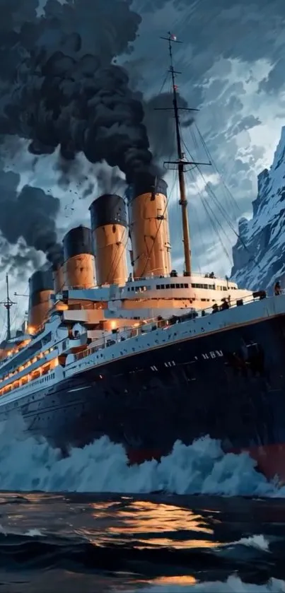 Ocean liner navigating icy waters with dramatic skies in background.