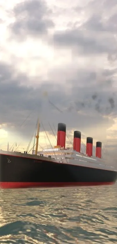 Majestic ocean liner cruising on the sea at sunset with a colorful sky backdrop.