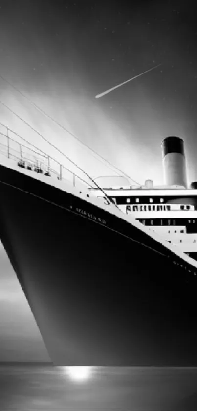 Majestic black and white ocean liner in dramatic lighting.