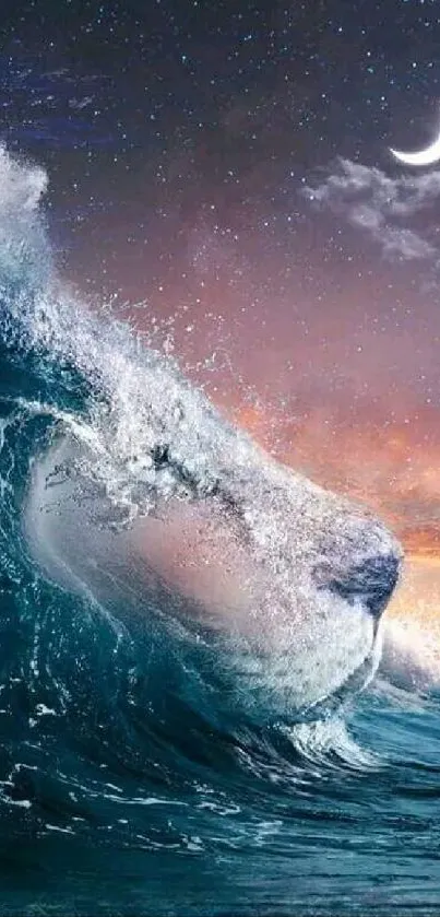 Ocean wave forming a lion's face under a starry night sky with a crescent moon.