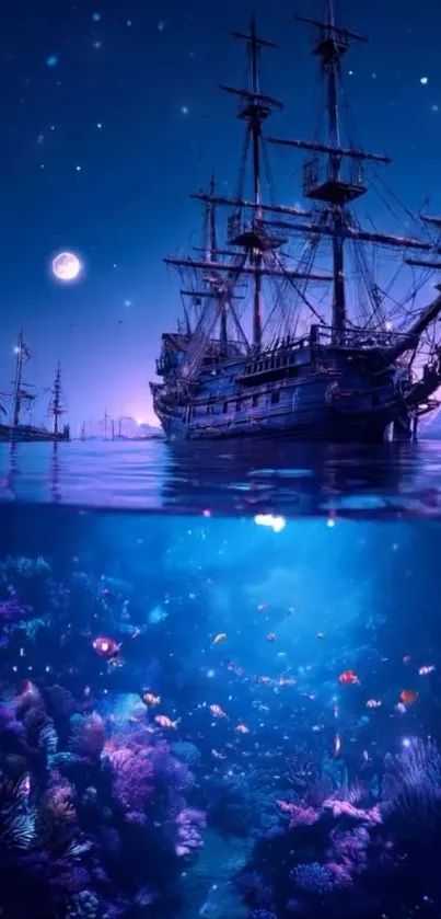 Ship sailing on ocean at night with vibrant underwater scene.