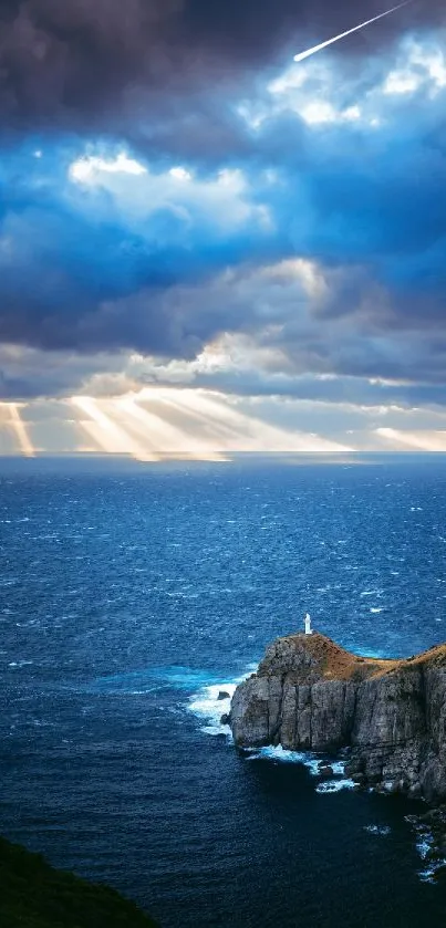 Sunrise illuminating ocean cliffs with dramatic clouds and rays.
