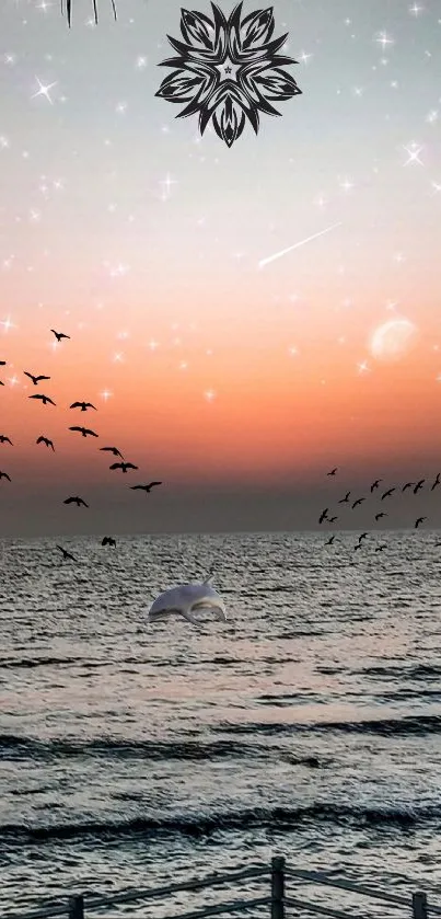 Ocean sunset wallpaper with birds and stars, featuring a tranquil seascape.