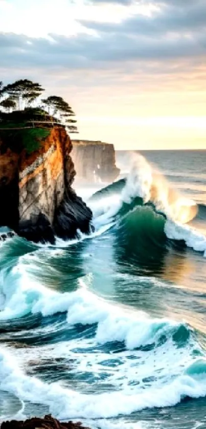 Majestic ocean waves at sunset with cliffs in the background.