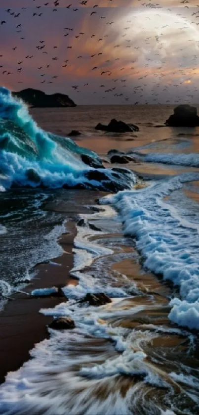 Majestic waves crash on beach at sunset, creating vibrant sea scene.