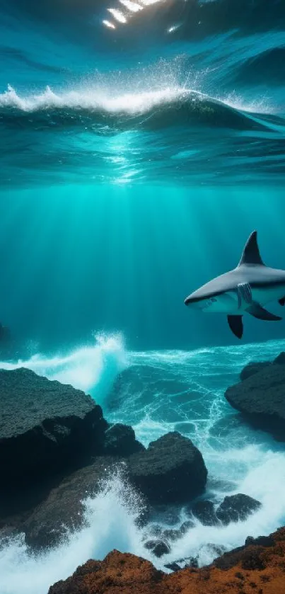 Underwater view with a shark swimming in vibrant ocean waves above rocks.