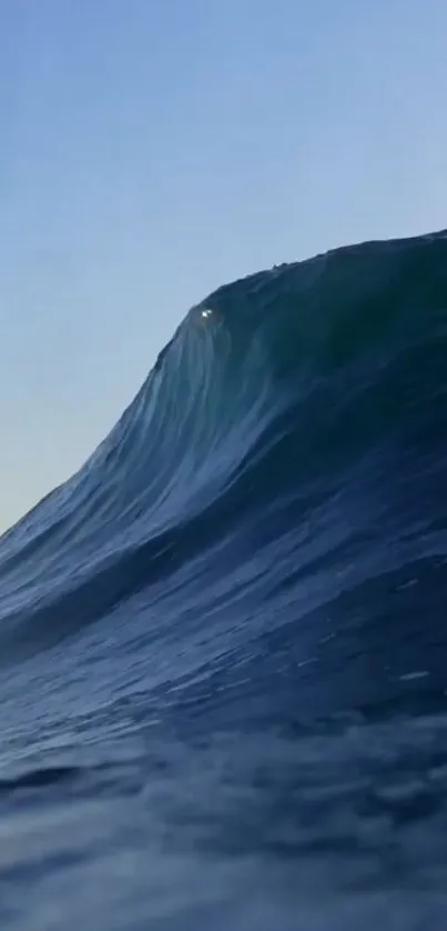 Majestic ocean wave cresting under a clear blue sky.