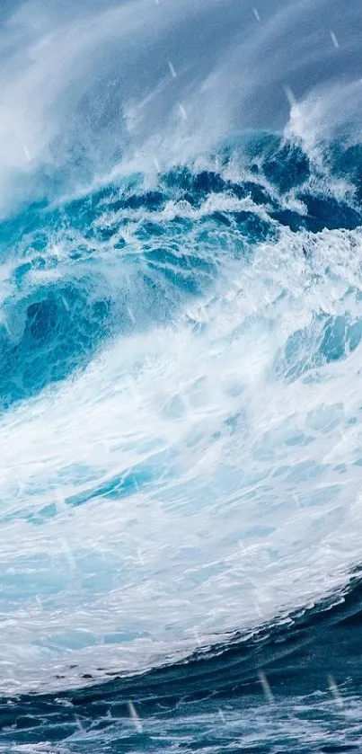 Majestic ocean wave crashing with vibrant blue hues on mobile wallpaper.