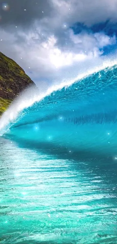 Vibrant ocean wave against green cliffs under a dramatic sky.