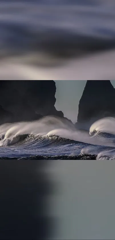 Ocean waves crashing against cliffs at dawn.