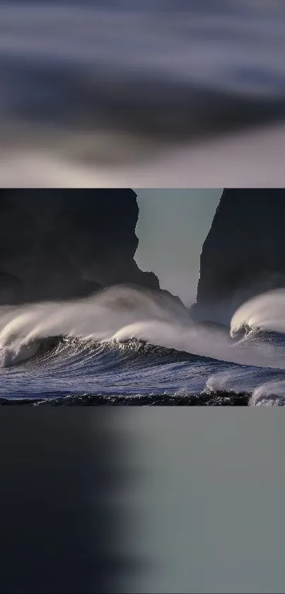 Majestic waves crash against misty cliffs, creating a serene ocean scene.