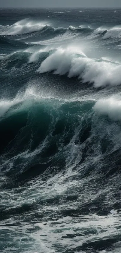 Majestic ocean waves crashing in dynamic motion on a stormy sea backdrop.