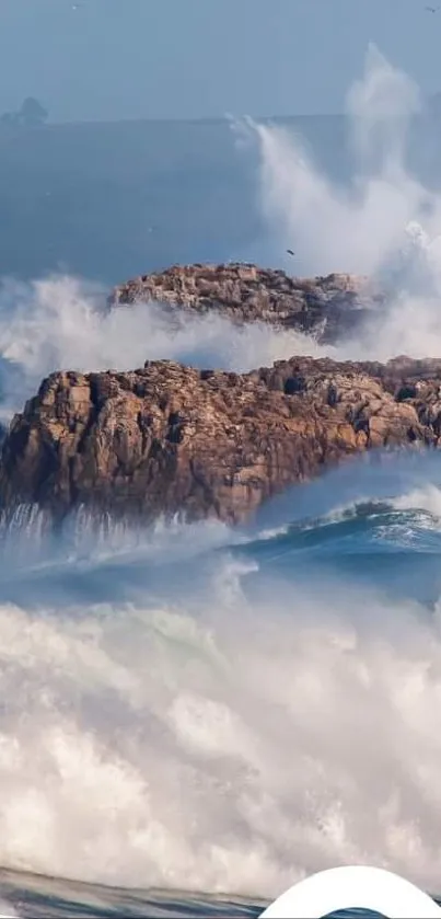 Majestic waves crash against cliffs with a lighthouse in the background.