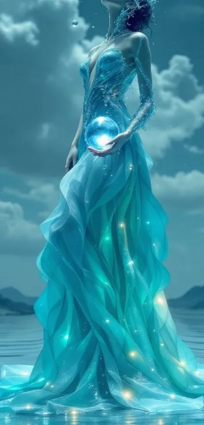 Mystical woman in flowing blue dress holding a glowing orb in ethereal landscape.