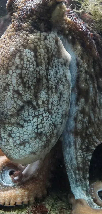 Majestic octopus resting on rocky sea bottom in vibrant aquatic scenery.