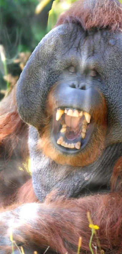 Roaring orangutan in natural habitat wallpaper.