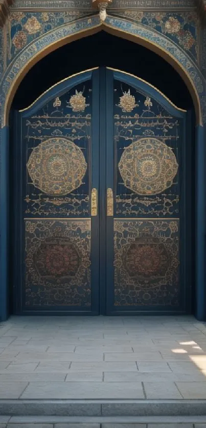 Intricate gold and blue archway door design wallpaper.