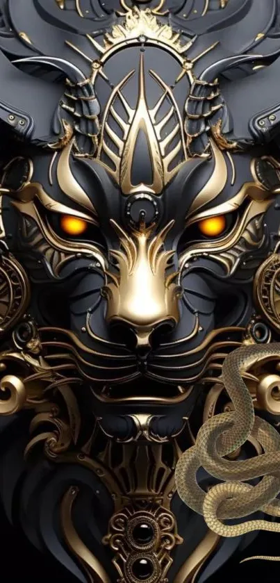 Ornate metallic beast design with glowing eyes and intricate details for mobile wallpaper.