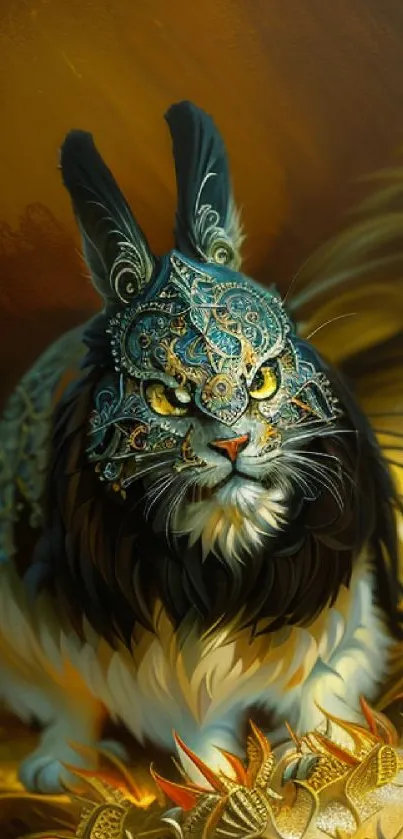 Fantasy cat with ornate armor in rich golden tones, perfect for mobile wallpaper.